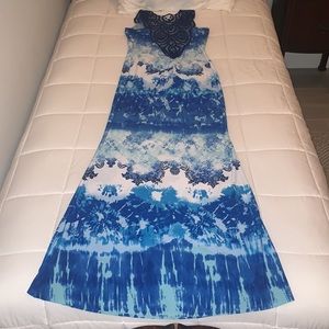 Venus-Blue & white long maxi dress with partial open back & scrunched butt.